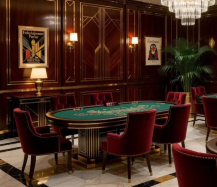 Luksusowe stoły do pokera, ruletki i blackjacka w aranżacji Art Deco podczas wieczornego eventu