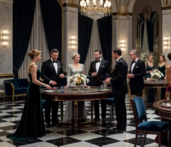 Elegancki wieczór eventowy w stylu art deco z luksusowymi stołami i oświetleniem.