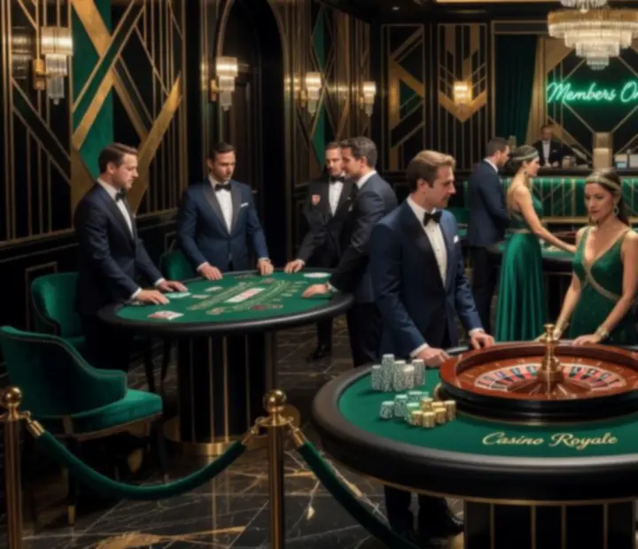Luksusowy wieczór eventowy w stylu Art Deco z eleganckimi stołami do gier i oświetleniem scenograficznym