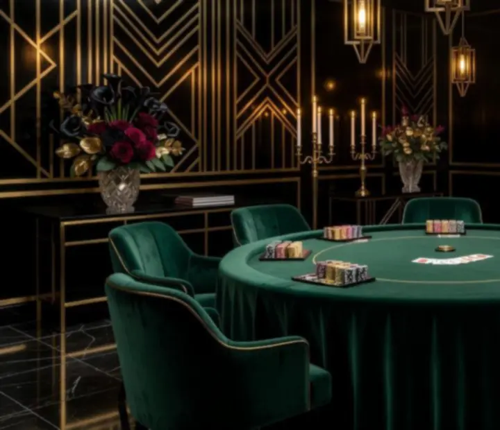 Scenografia pokerowa w stylu Art Deco z luksusowymi stołami i dekoracjami świetlnymi