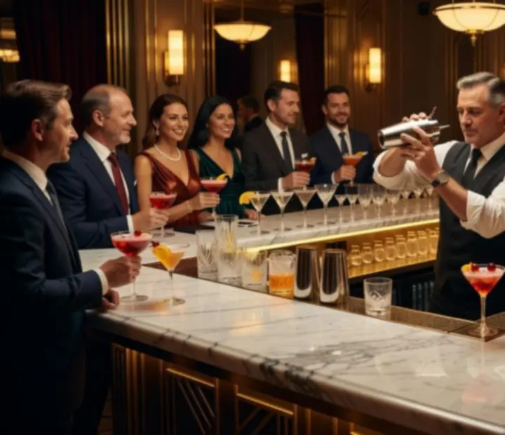Wykwintny bar koktajlowy z barmanami premium serwującymi autorskie drinki podczas wieczoru VIP